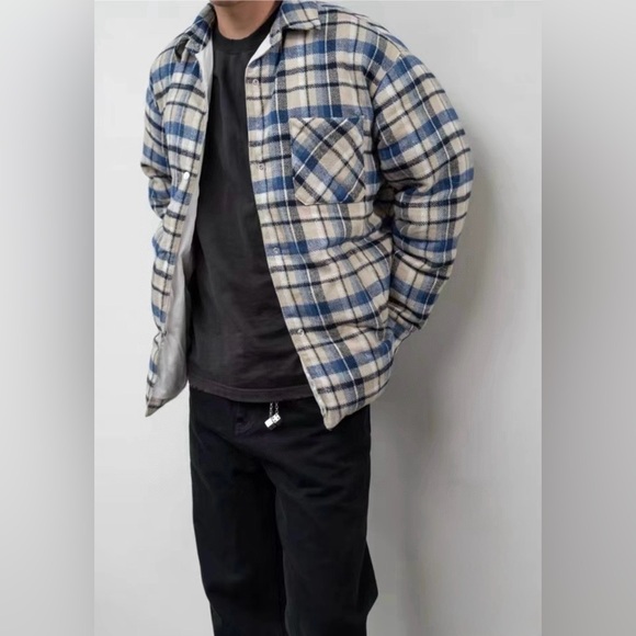 Acne Blue and Cream Plaid Shirt Jacket